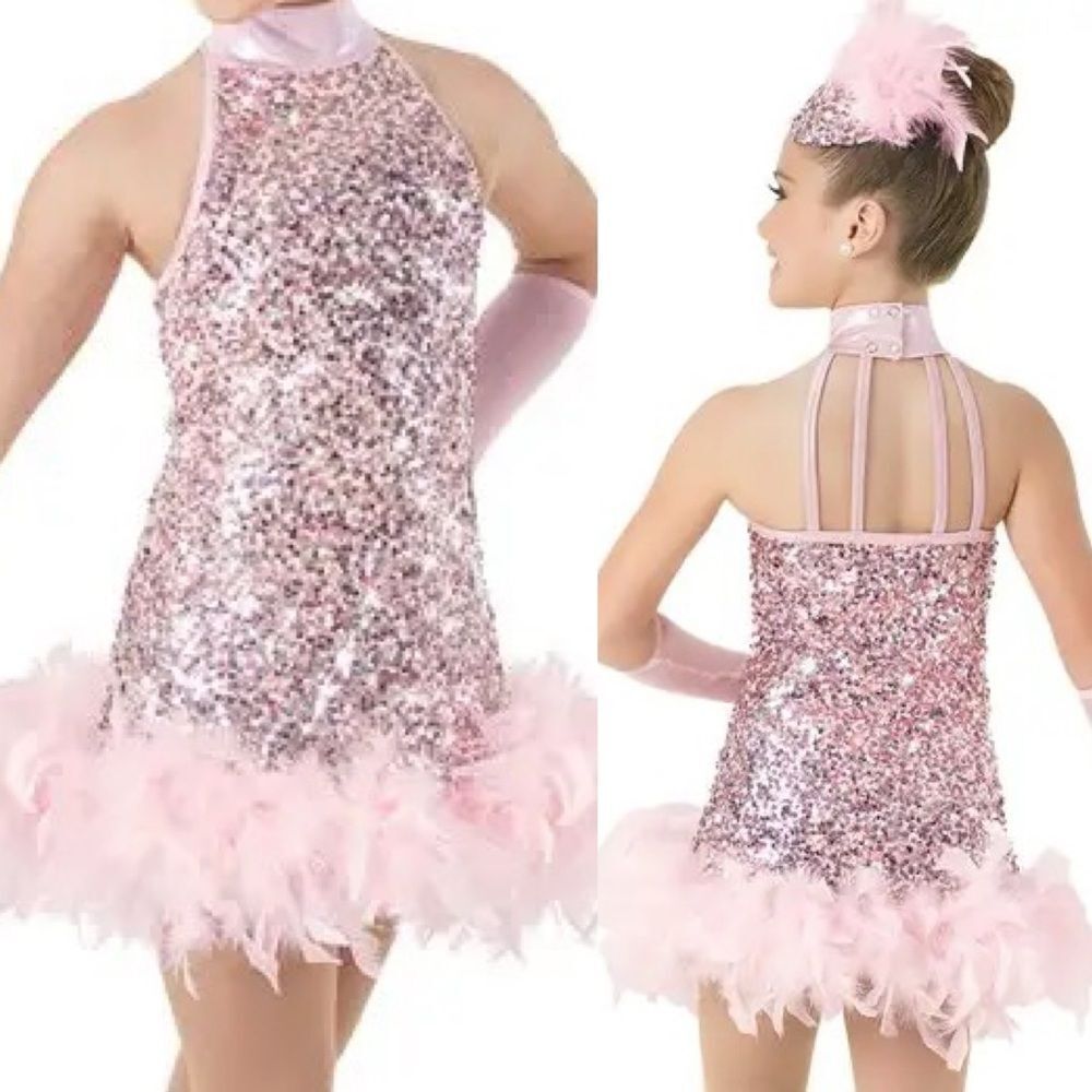 WEISSMAN Dance Costume 1920’s flapper pink feather Sparkling Diamonds 9621 MA